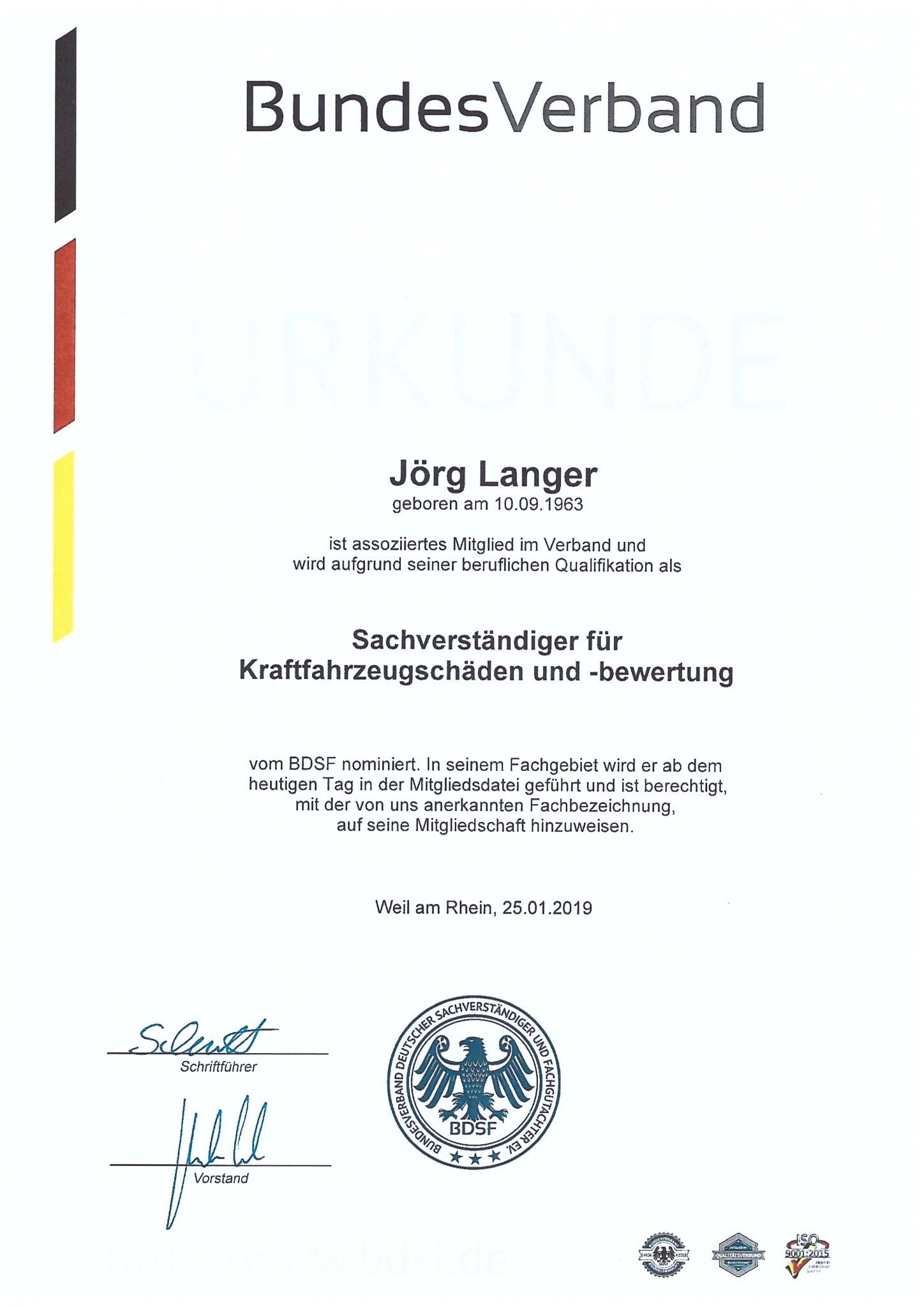 BDSF Urkunde von Jörg Langer