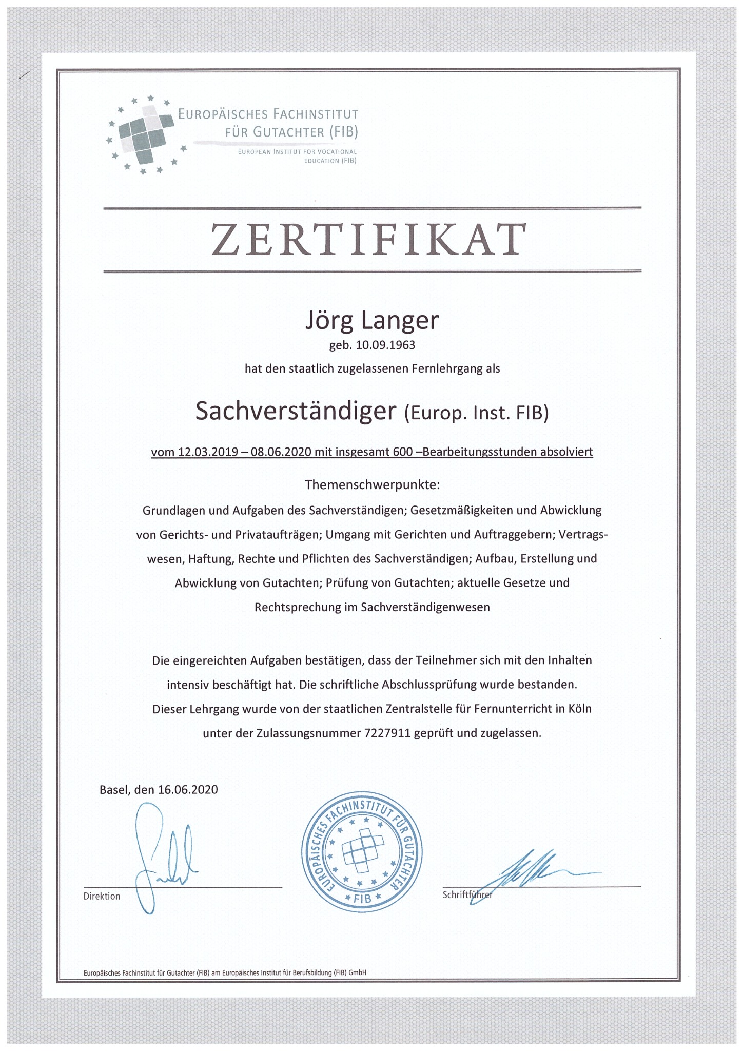 FIB Zertifikat Sachverständigenausbildung Jörg Langer