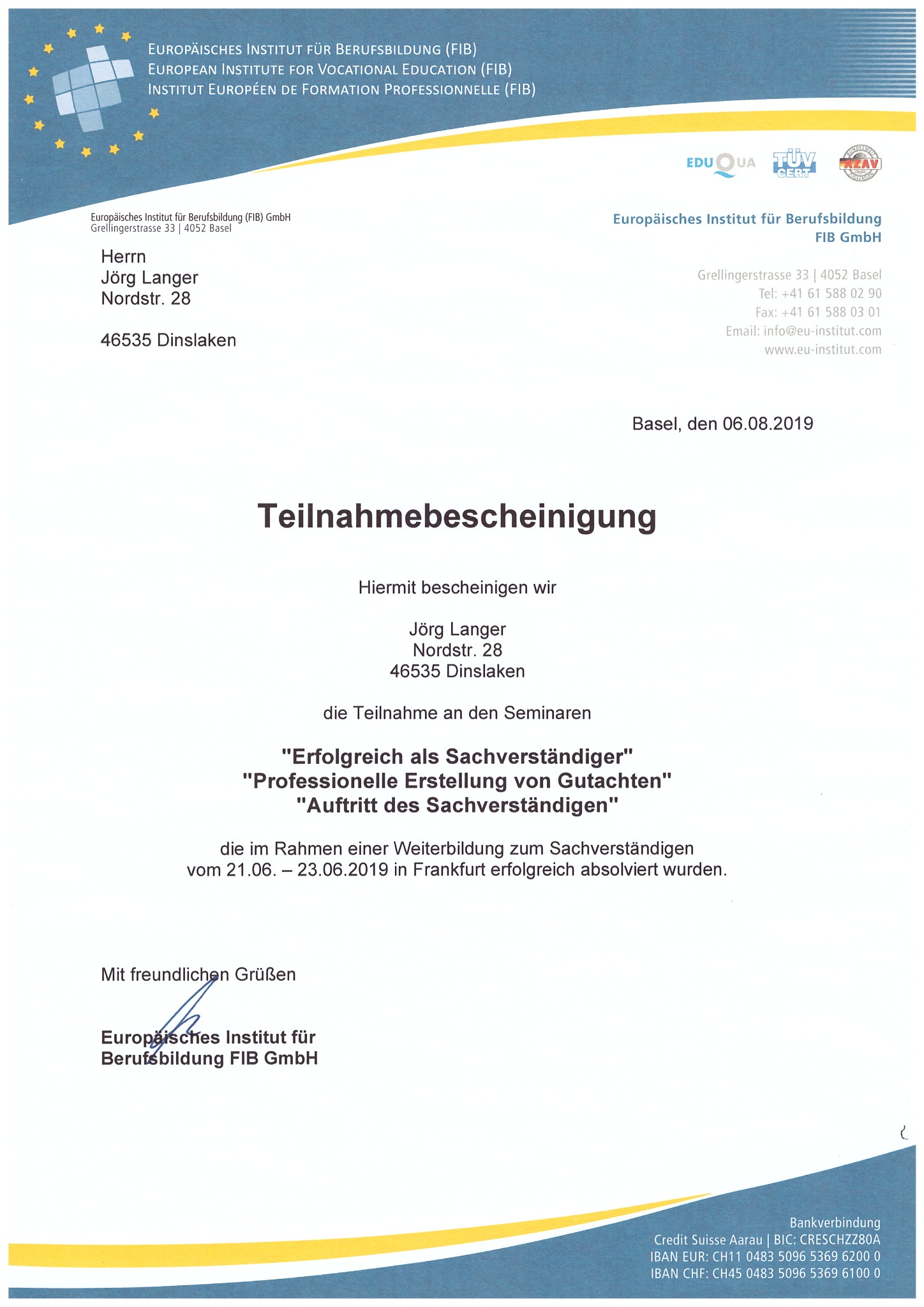 FIB Teilnahmebescheinigung Jörg Langer